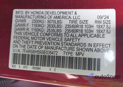 2025 Honda Cr-V Hybrid Sport z USA, uszkodzony, nr VIN 7FARS6H59SE035472